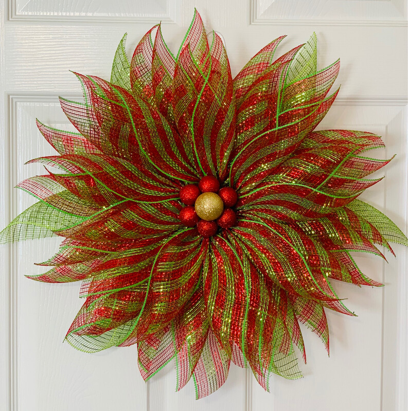 Christmas Red Green Poinsettia Flower Wreath