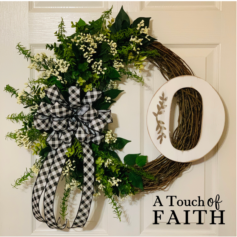 Everyday Grapevine Wreath With White Initial, A Touch of Faith