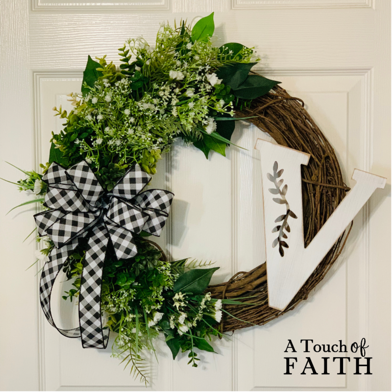 Everyday Grapevine Wreath With White Initial, A Touch of Faith