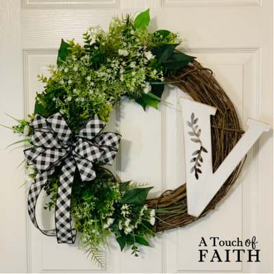 Everyday Grapevine Wreath With White Initial, A Touch of Faith