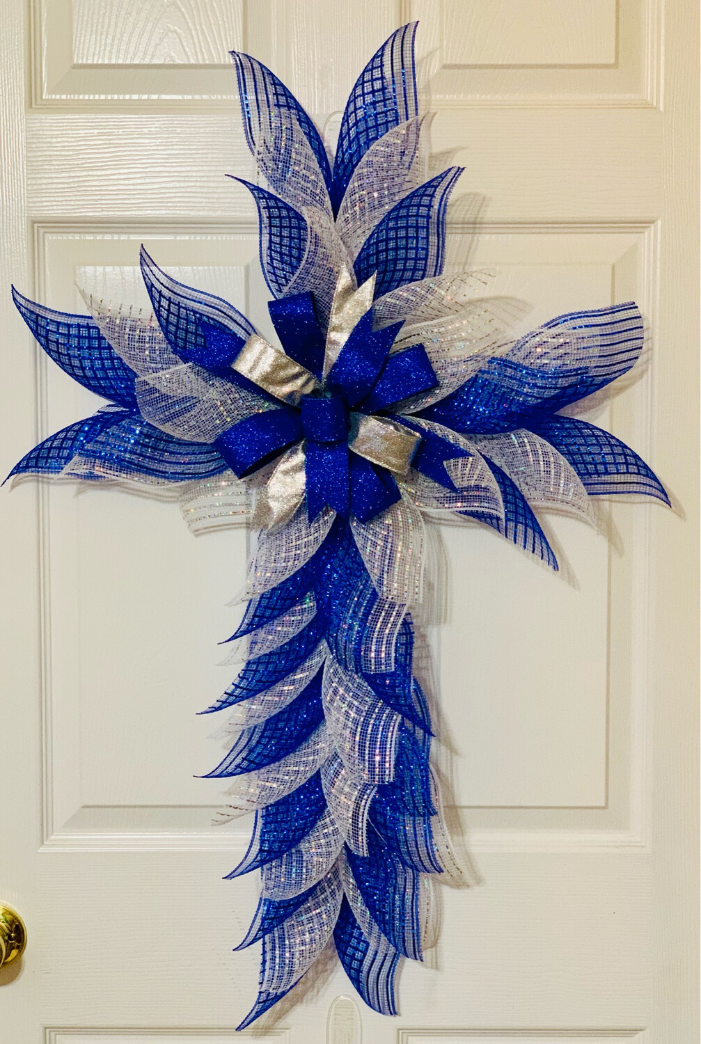 Metallic Blue & White Cross Wreath