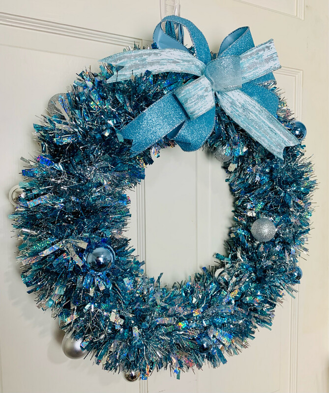 Blue &amp; Silver Tinsel Wreath