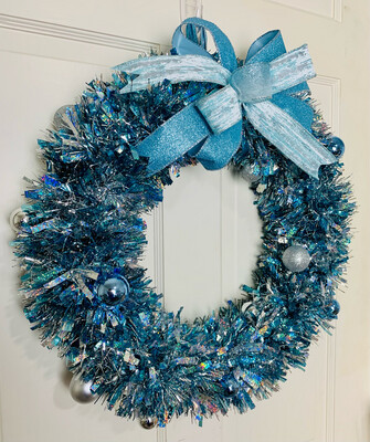 Blue &amp; Silver Tinsel Wreath