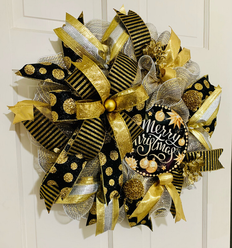 Black &amp; Gold Merry Christmas Ornaments Wreath