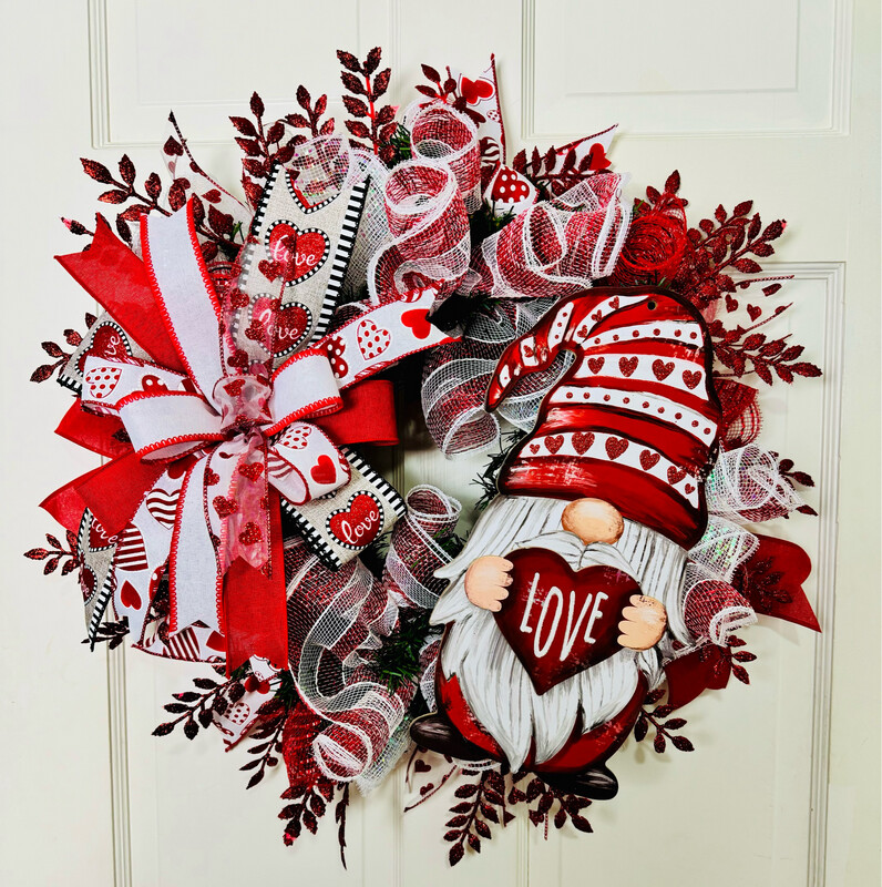Gnome Love Glittery Hearts Wreath