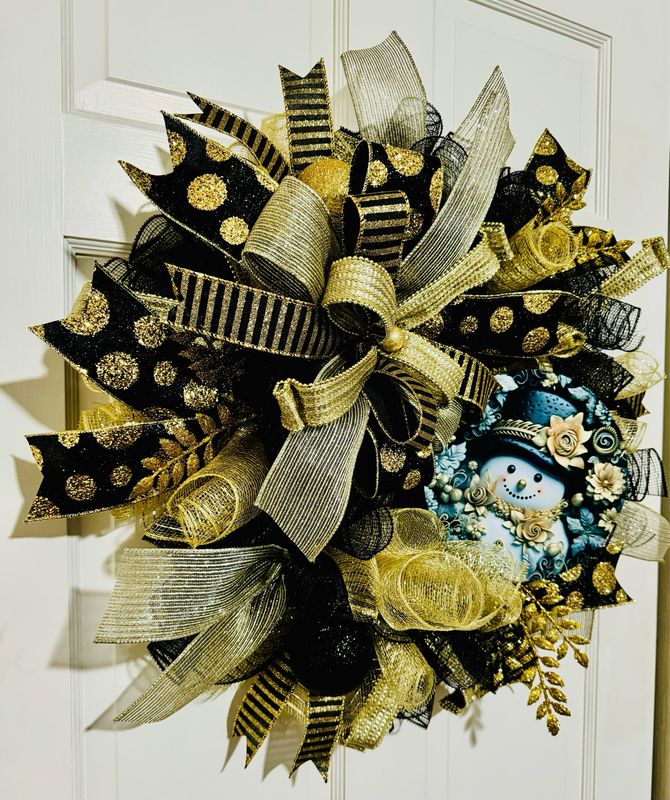 Black &amp; Gold Christmas Snowman Wreath