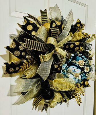 Black &amp; Gold Christmas Snowman Wreath