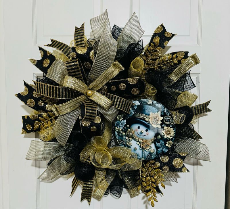Black &amp; Gold Christmas Snowman Wreath