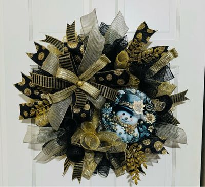 Black &amp; Gold Christmas Snowman Wreath