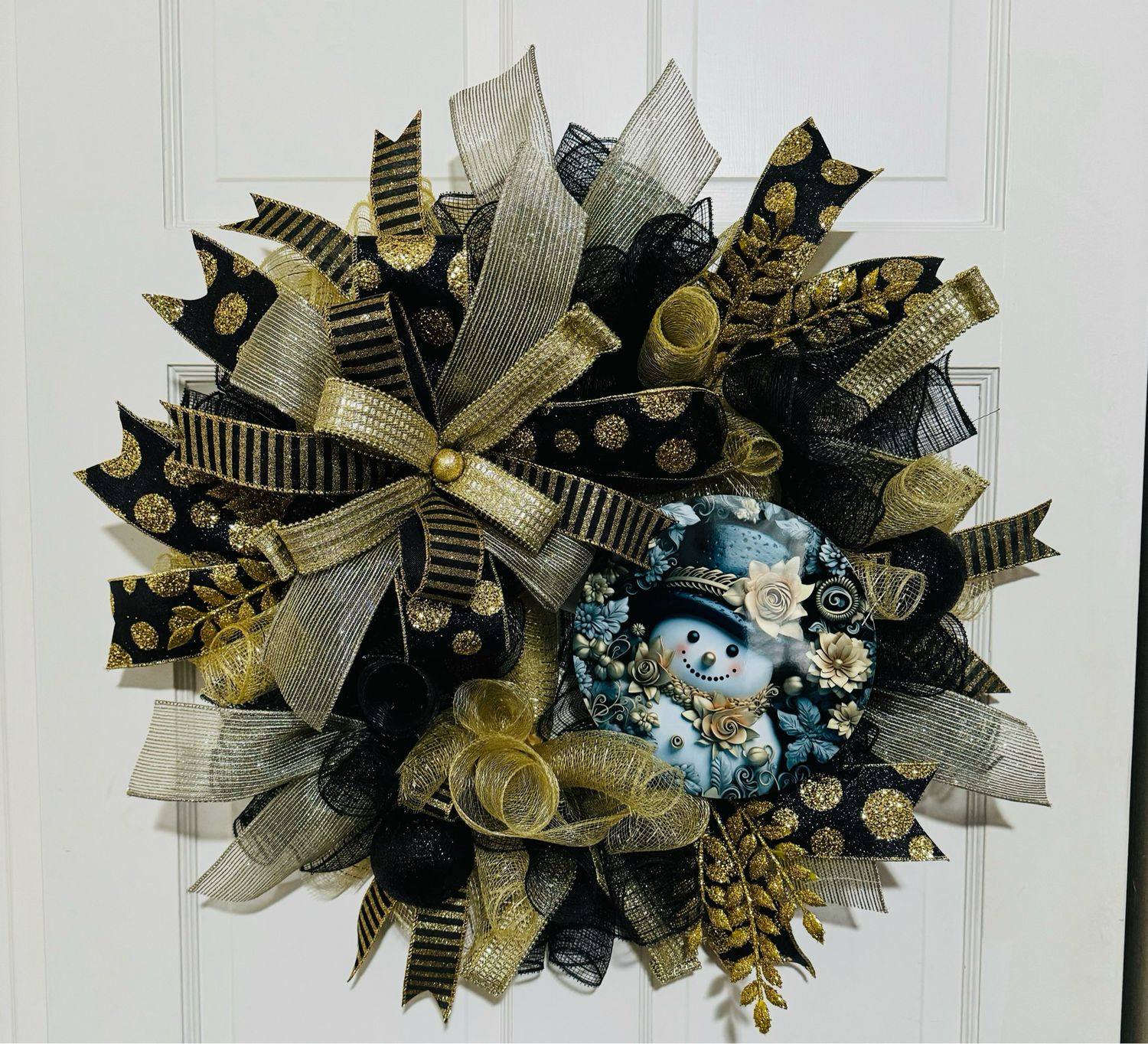 Black &amp; Gold Christmas Snowman Wreath