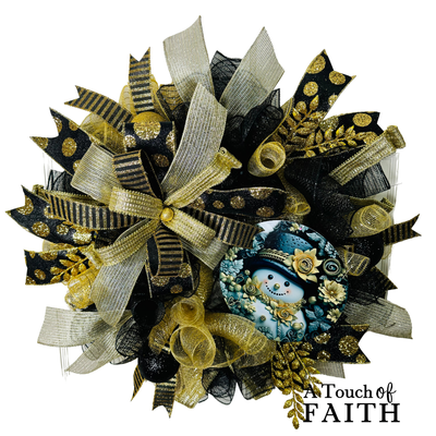 Black &amp; Gold Christmas Snowman Wreath Sign
