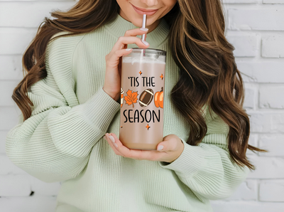 &#39;Tis the Season&#39; Fall Football Frosted Glass Tumbler