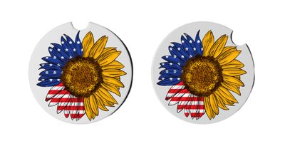 American Flag Sunflower Car Coasters, Set of 2
