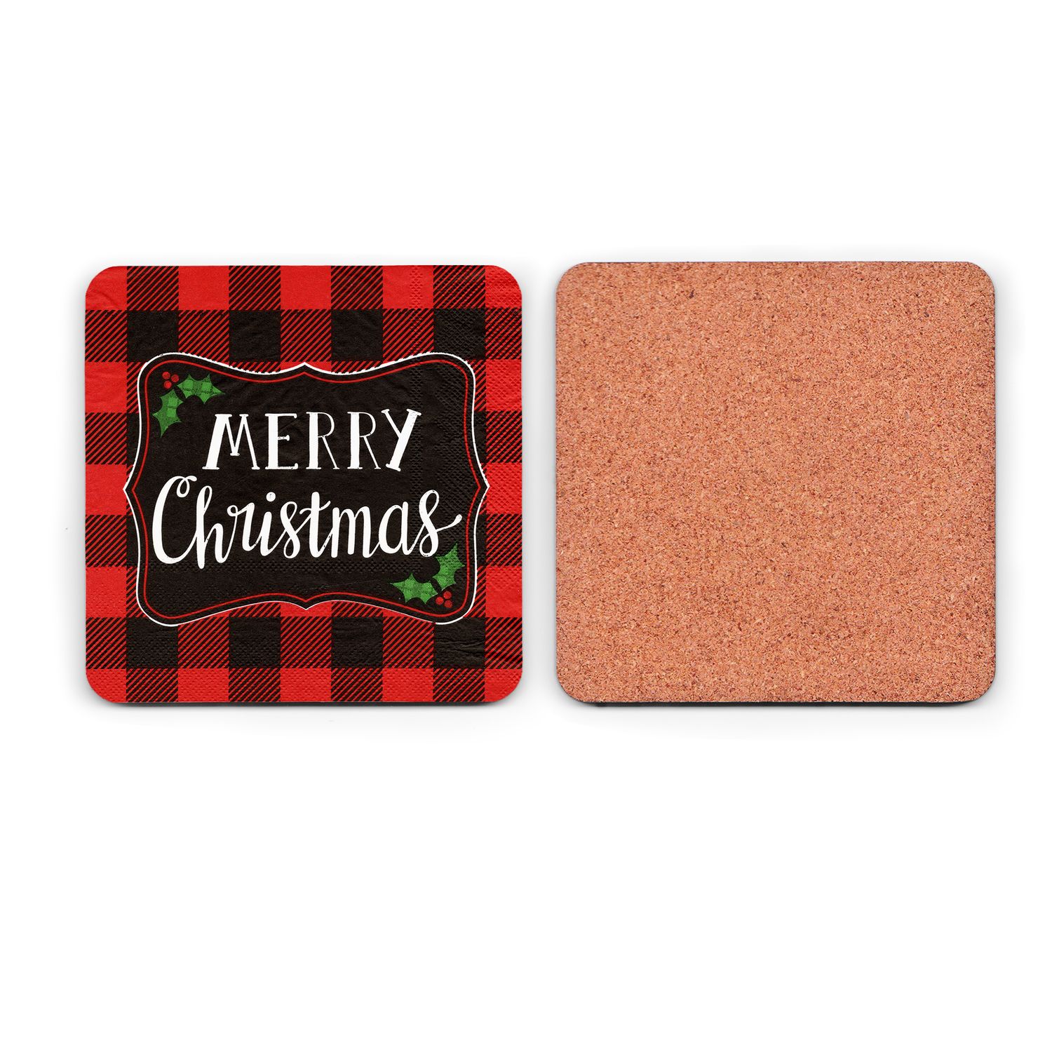 Merry Christmas Buffalo Plaid Square Coaster