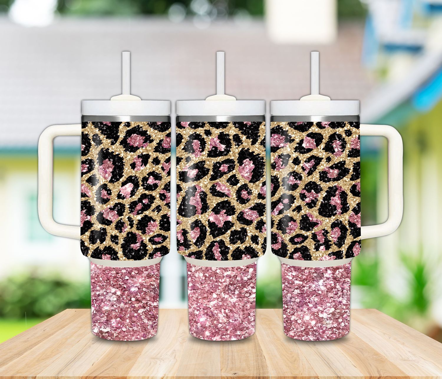 40 oz Glitter Leopard Tumbler with Handle &amp; Straw