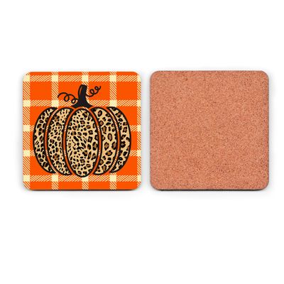 Fall Pumpkin Leopard Plaid Coaster