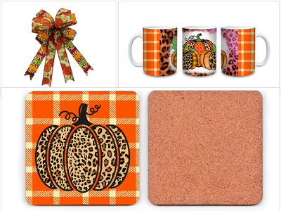 Fall Pumpkin Leopard Plaid Collection – Mug, Coasters &amp; Bow Set