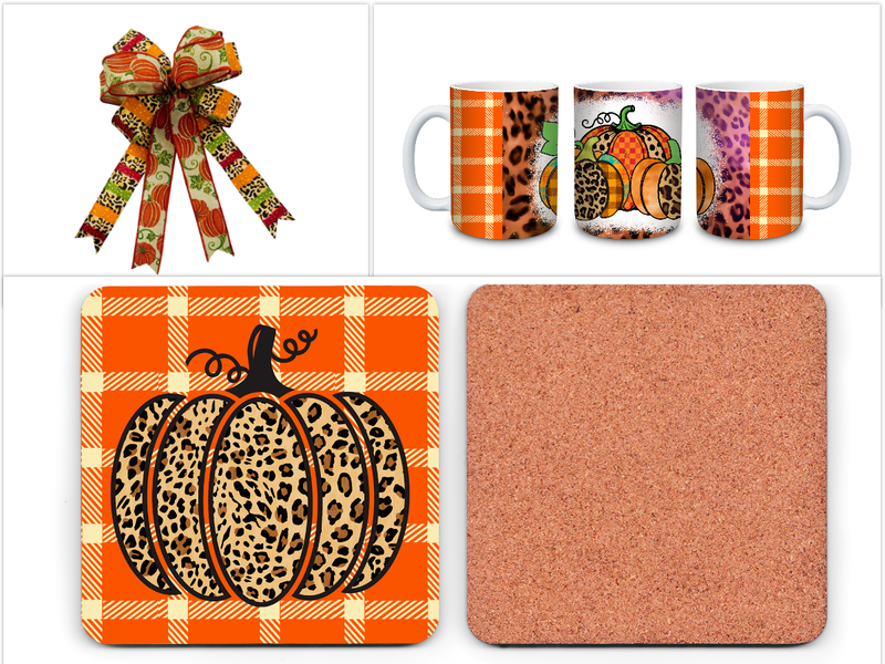 Fall Pumpkin Leopard Plaid Collection – Mug, Coasters &amp; Bow Set