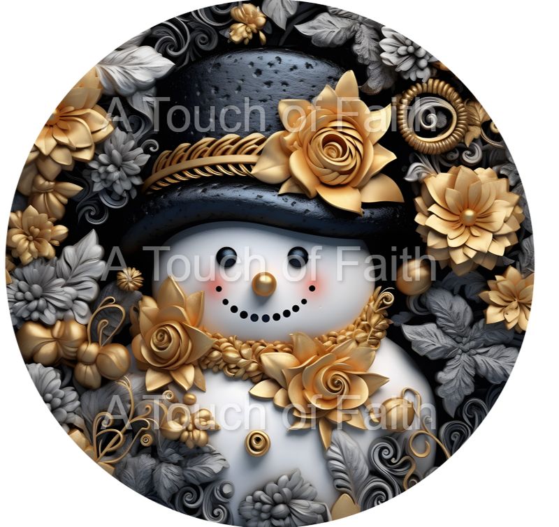Black &amp; Gold Christmas Snowman Wreath Sign