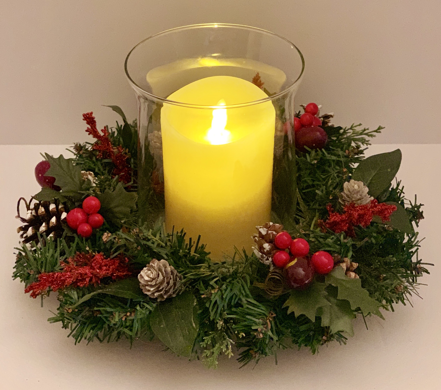 Evergreen Holiday Centerpiece Glass Hurricane Candle Table Decor Christmas Gift A Touch of Faith