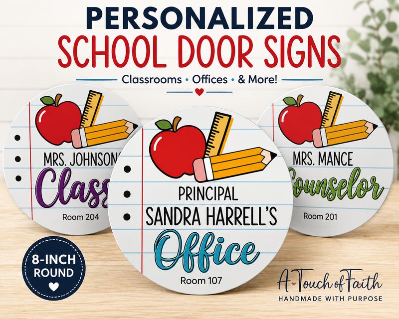 Personalized Teacher Classroom Door Sign | Custom 8" School &amp; Wreath Sign