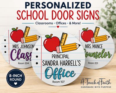 Personalized Teacher Classroom Door Sign | Custom 8" School &amp; Wreath Sign
