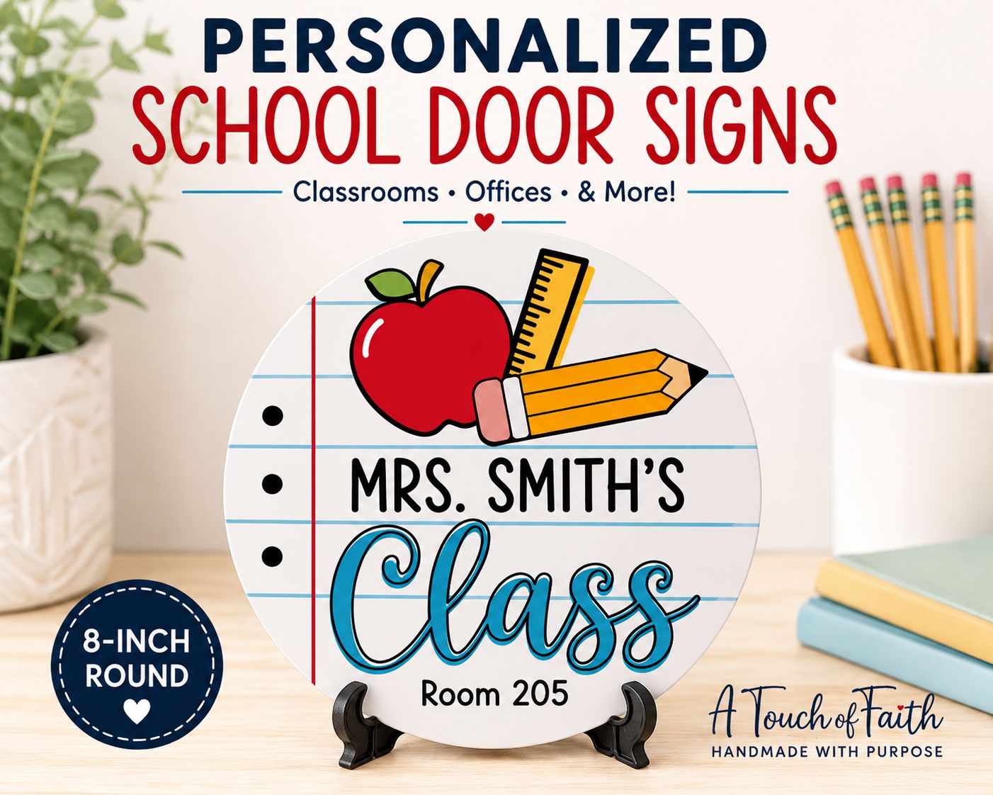 Personalized Teacher Classroom Door Sign | Custom 8" School &amp; Wreath Sign
