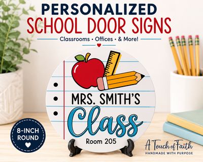 Personalized Teacher Classroom Door Sign | Custom 8" School &amp; Wreath Sign