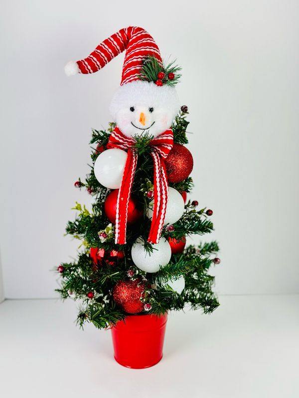 Snowman Christmas Tree | Red &amp; White Tabletop Christmas Decoration