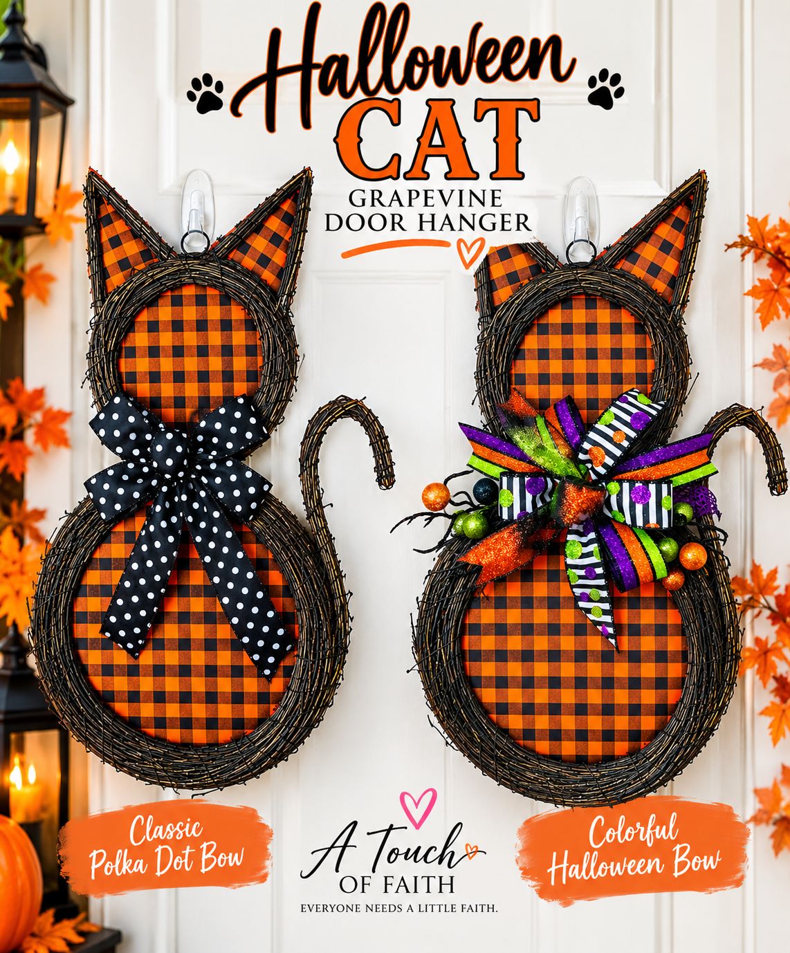 Halloween Cat Grapevine Door Hanger | Buffalo Plaid Wreath