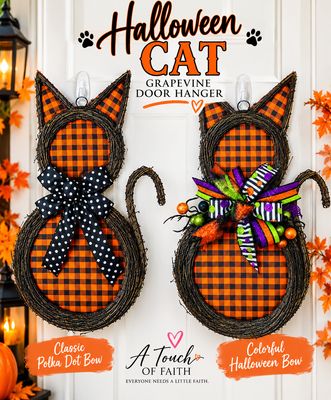 Halloween Cat Grapevine Door Hanger | Buffalo Plaid Wreath