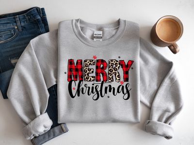 Leopard + Buffalo Plaid “Merry Christmas” Long Sleeve Shirt