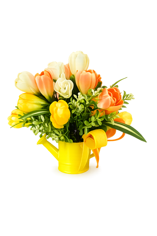 Spring Tulip Centerpiece in Yellow Watering Can