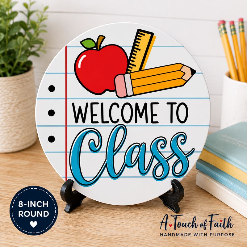 Welcome to Class Teacher Sign | 8” Classroom Door &amp; Wreath Sign