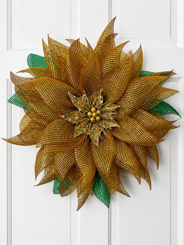 Gold Poinsettia Christmas Wreath – Elegant Gold Holiday Door Decor