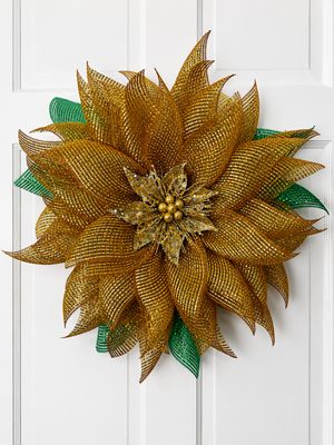 Gold Poinsettia Christmas Wreath – Elegant Gold Holiday Door Decor