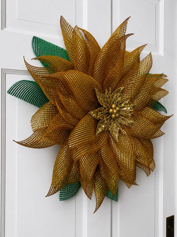 Gold Poinsettia Christmas Wreath – Elegant Gold Holiday Door Decor