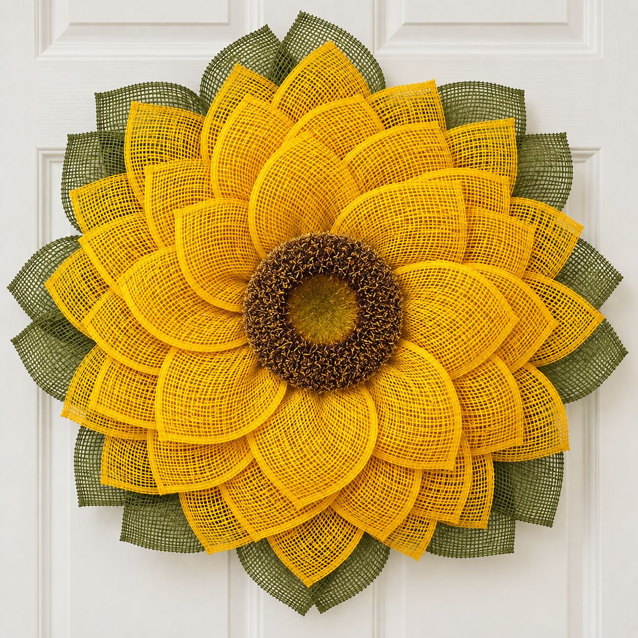 Golden Sunflower Wreath with Olive Green Leaves | Handmade Front Door Wreath