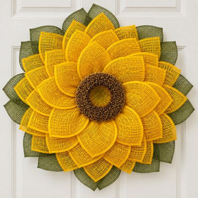 Golden Sunflower Wreath with Olive Green Leaves | Handmade Front Door Wreath
