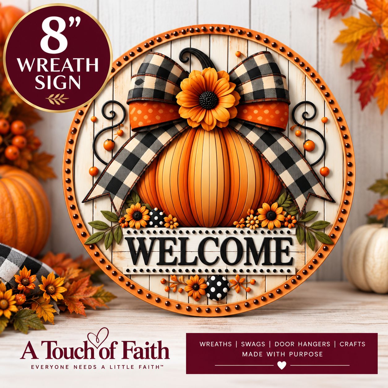 Pumpkin Welcome Fall Wreath Sign – 8 Inch Buffalo Plaid Craft Sign