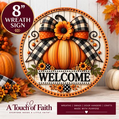 Pumpkin Welcome Fall Wreath Sign – 8 Inch Buffalo Plaid Craft Sign