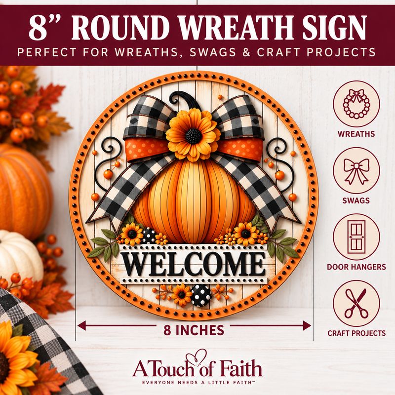 Pumpkin Welcome Fall Wreath Sign – 8 Inch Buffalo Plaid Craft Sign