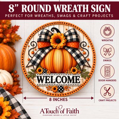 Pumpkin Welcome Fall Wreath Sign – 8 Inch Buffalo Plaid Craft Sign