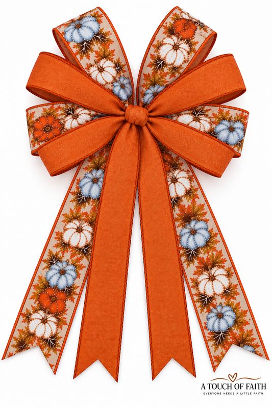 Autumn Pumpkin Fall Bow | Handmade Wired Ribbon Bow for Wreaths, Lanterns, Mailboxes &amp; Fall Decor