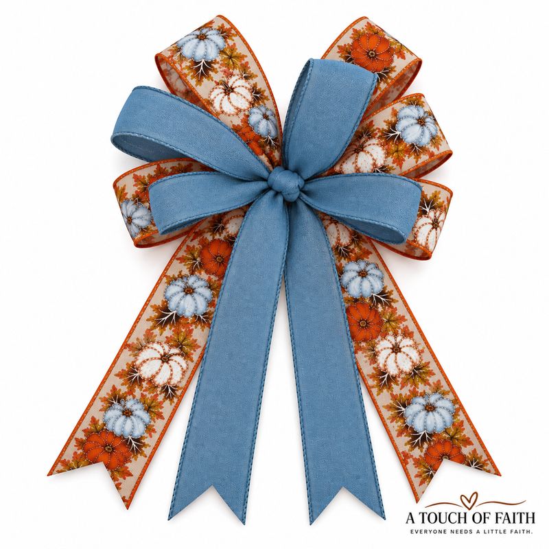 Autumn Pumpkin Fall Bow | Handmade Wired Ribbon Bow for Wreaths, Lanterns, Mailboxes &amp; Fall Decor
