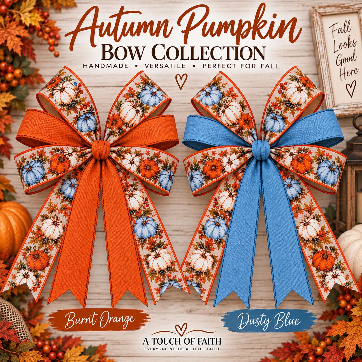 Autumn Pumpkin Fall Bow | Handmade Wired Ribbon Bow for Wreaths, Lanterns, Mailboxes &amp; Fall Decor