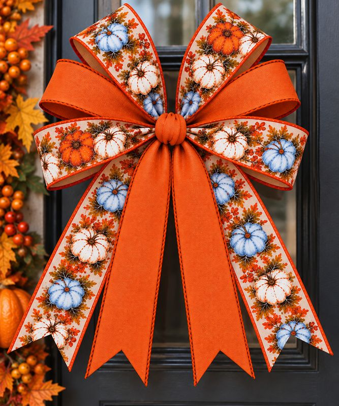 Autumn Pumpkin Fall Bow | Handmade Wired Ribbon Bow for Wreaths, Lanterns, Mailboxes &amp; Fall Decor