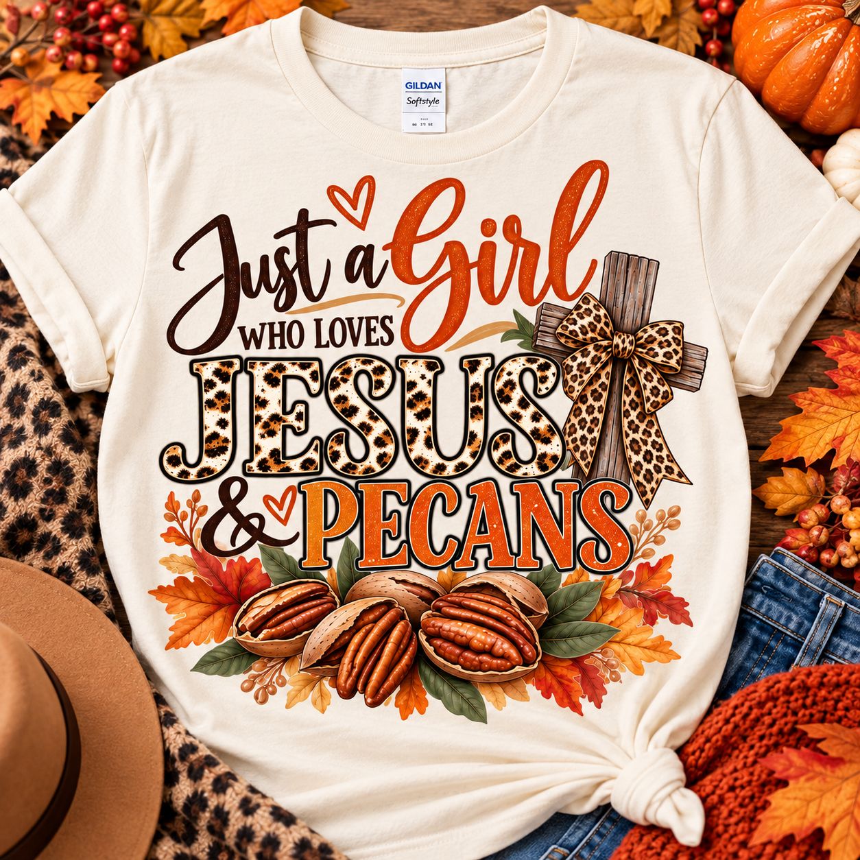 Just a Girl Who Loves Jesus &amp; Pecans Fall T-Shirt | Christian Fall Graphic Tee