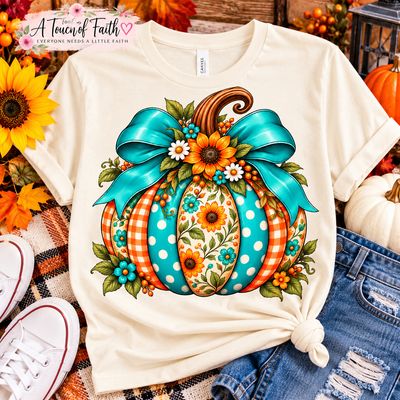 Turquoise Pumpkin Fall T-Shirt | Sunflower &amp; Bow Design
