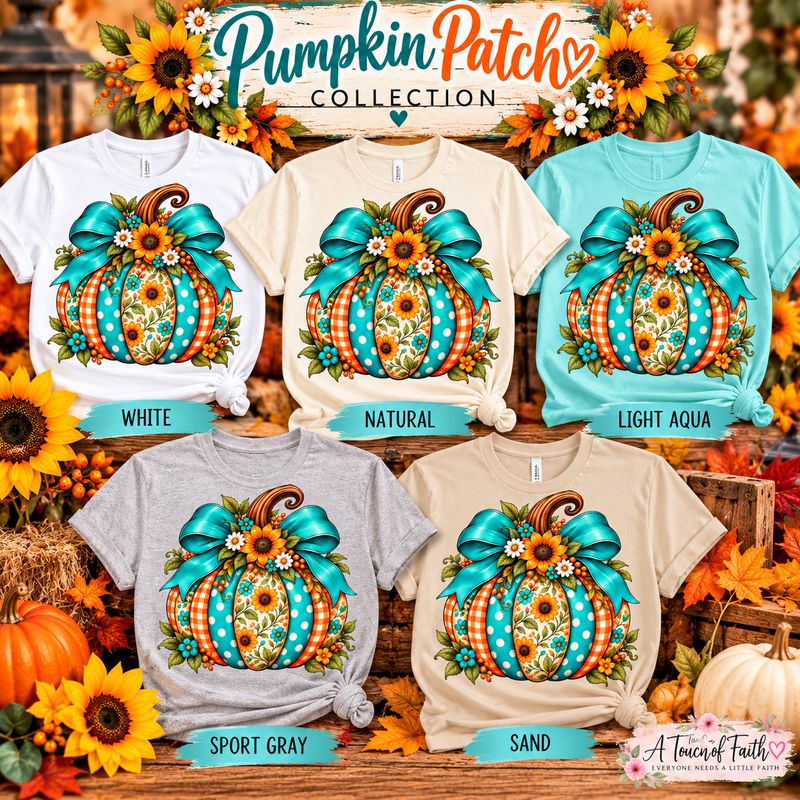 Turquoise Pumpkin Fall T-Shirt | Sunflower &amp; Bow Design